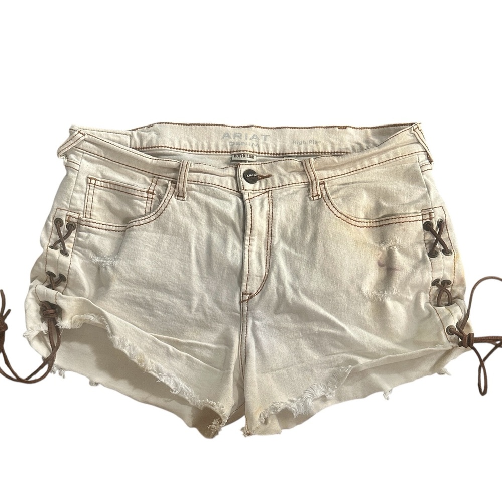 Ariat Boyfriend Leather Lace up Bleached out Denim Jean Shorts Womens 32‎